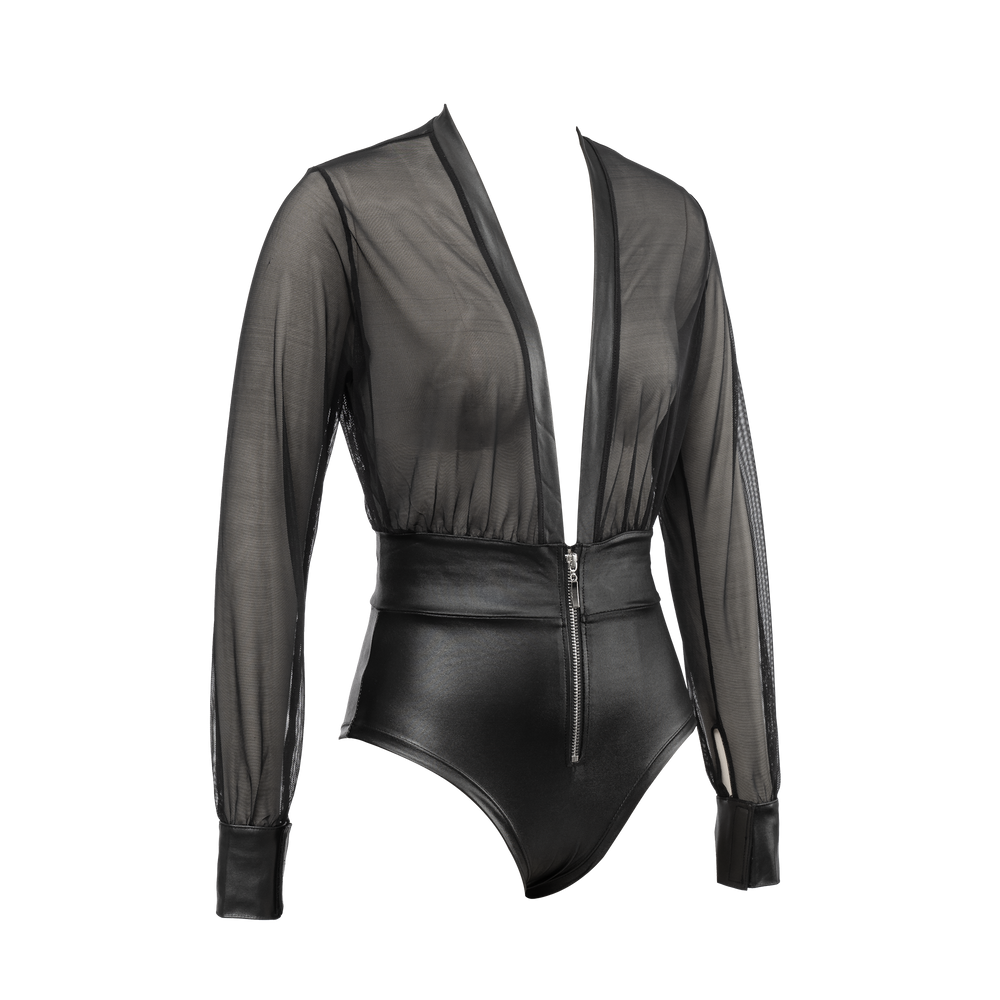 Amorable by Rimba – Sexy Wetlook-Body mit Reißverschluss – Schwarz, Silber