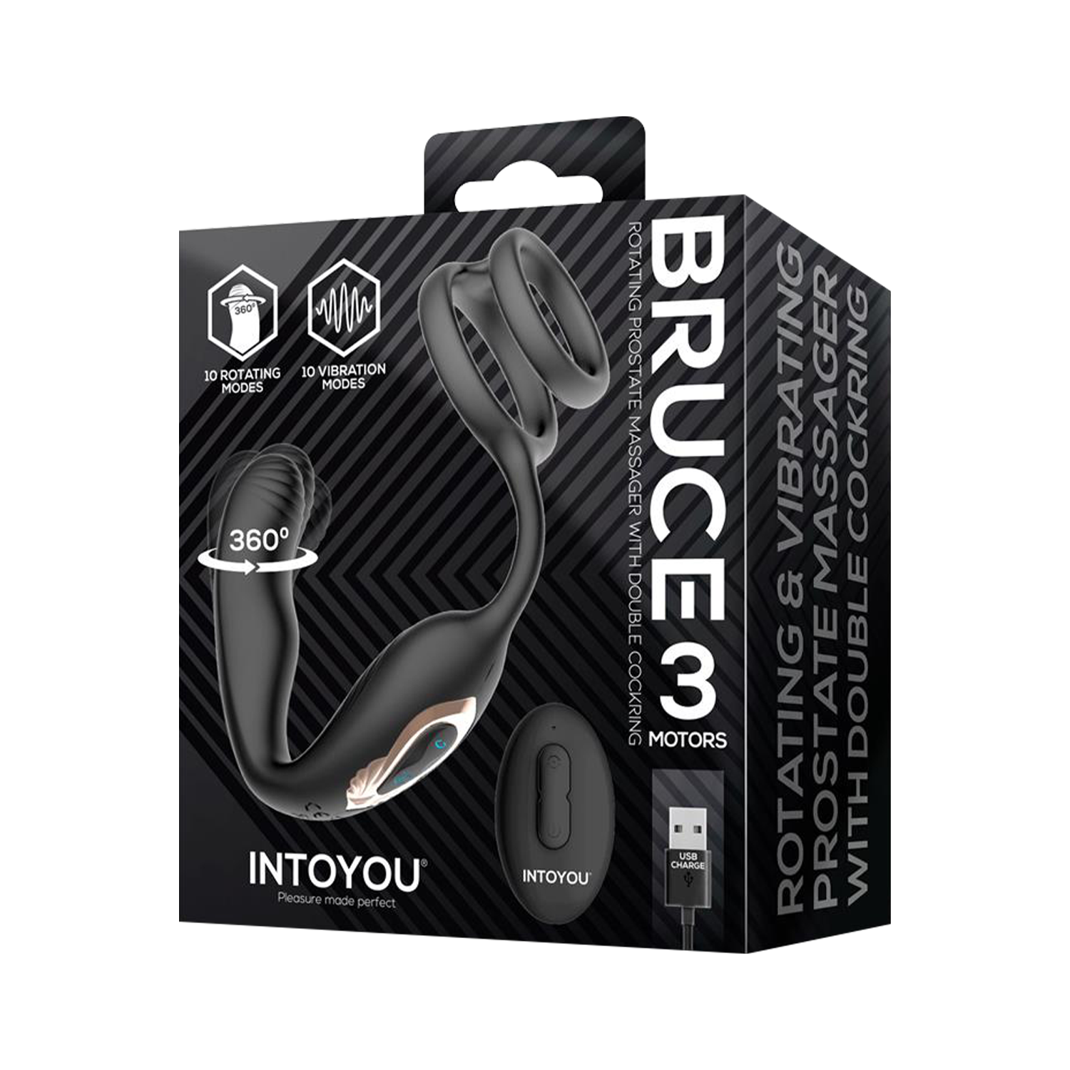 IY – Bruce – Prostatamassagegerät 360° mit doppelter Penisring-Vibration – Schwarz