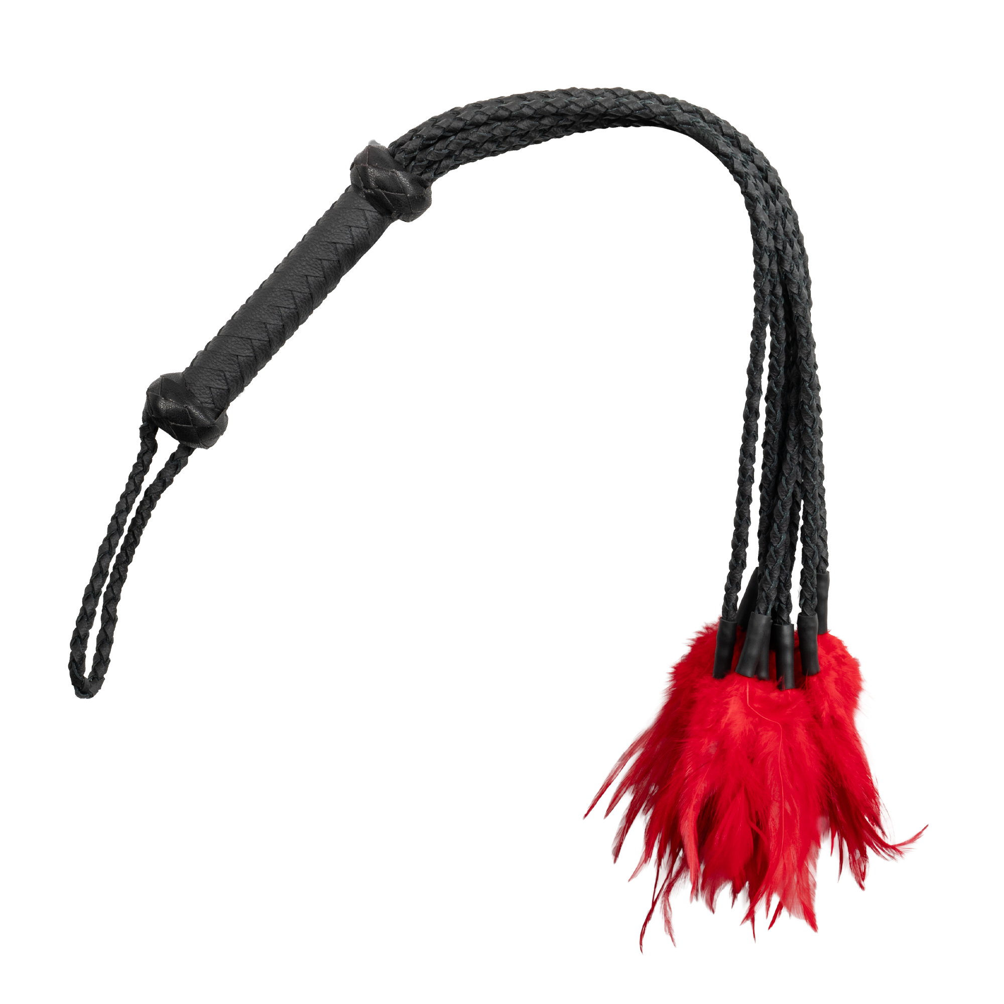 Rimba Bondage Play – Geflochtene Lederpeitsche mit Federn – Schwarz/Rot