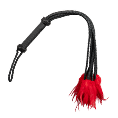 Rimba Bondage Play – Geflochtene Lederpeitsche mit Federn – Schwarz/Rot