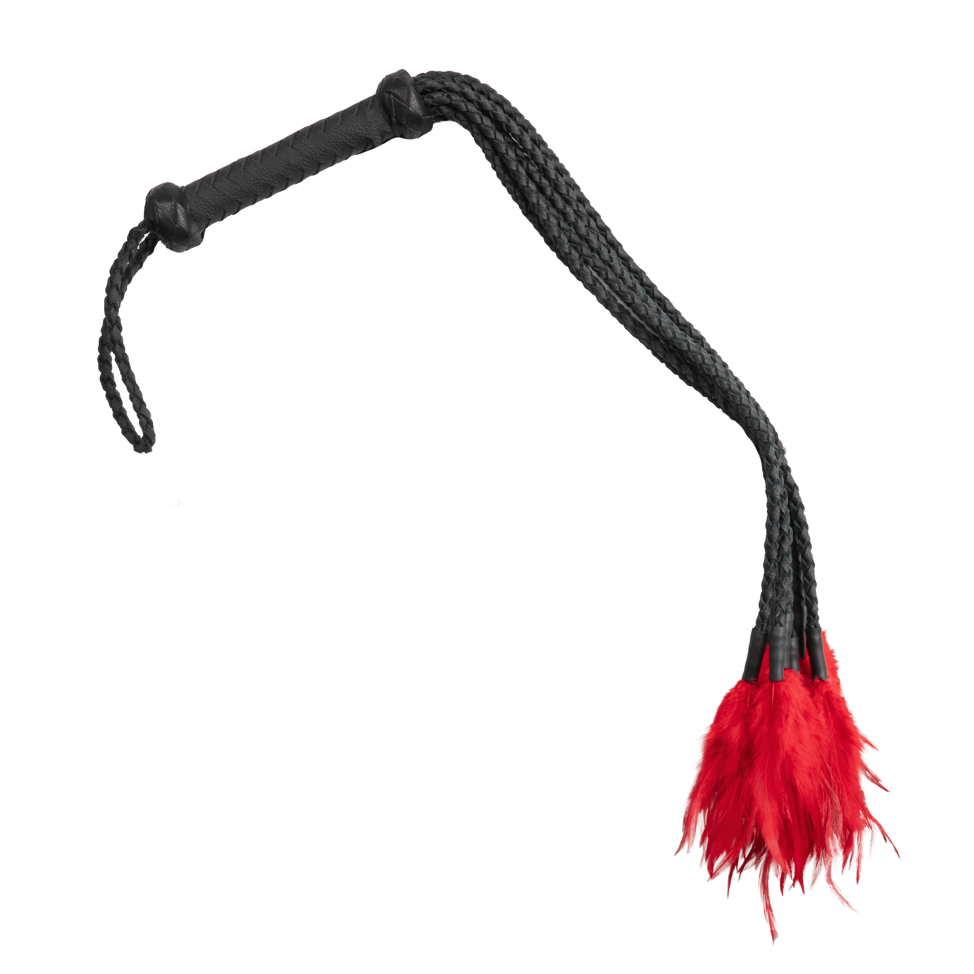 Rimba Bondage Play – Geflochtene Lederpeitsche mit Federn – Schwarz/Rot