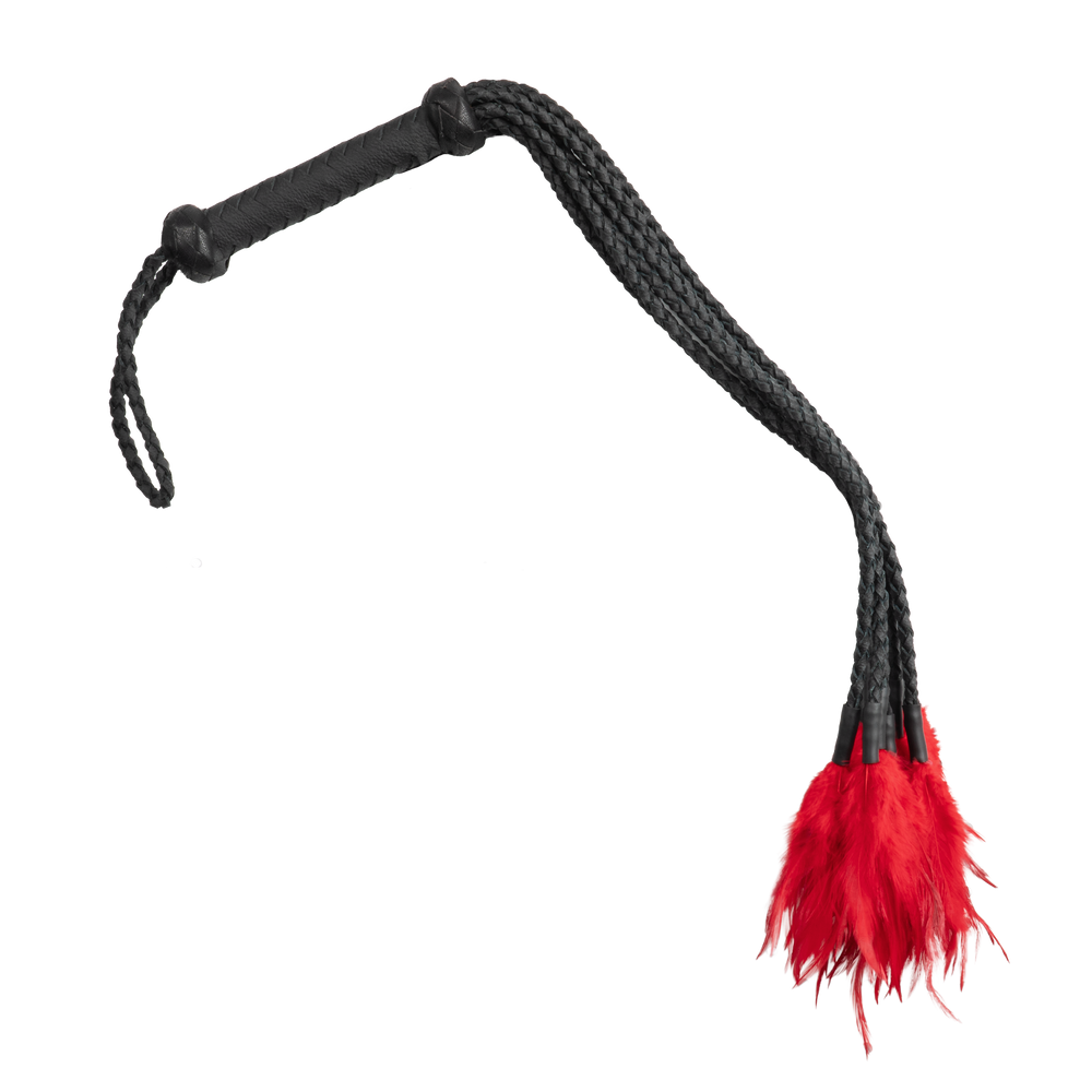 Rimba Bondage Play – Geflochtene Lederpeitsche mit Federn – Schwarz/Rot