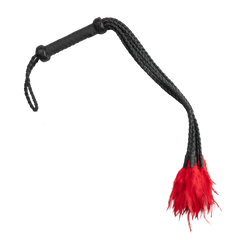 Rimba Bondage Play – Geflochtene Lederpeitsche mit Federn – Schwarz/Rot