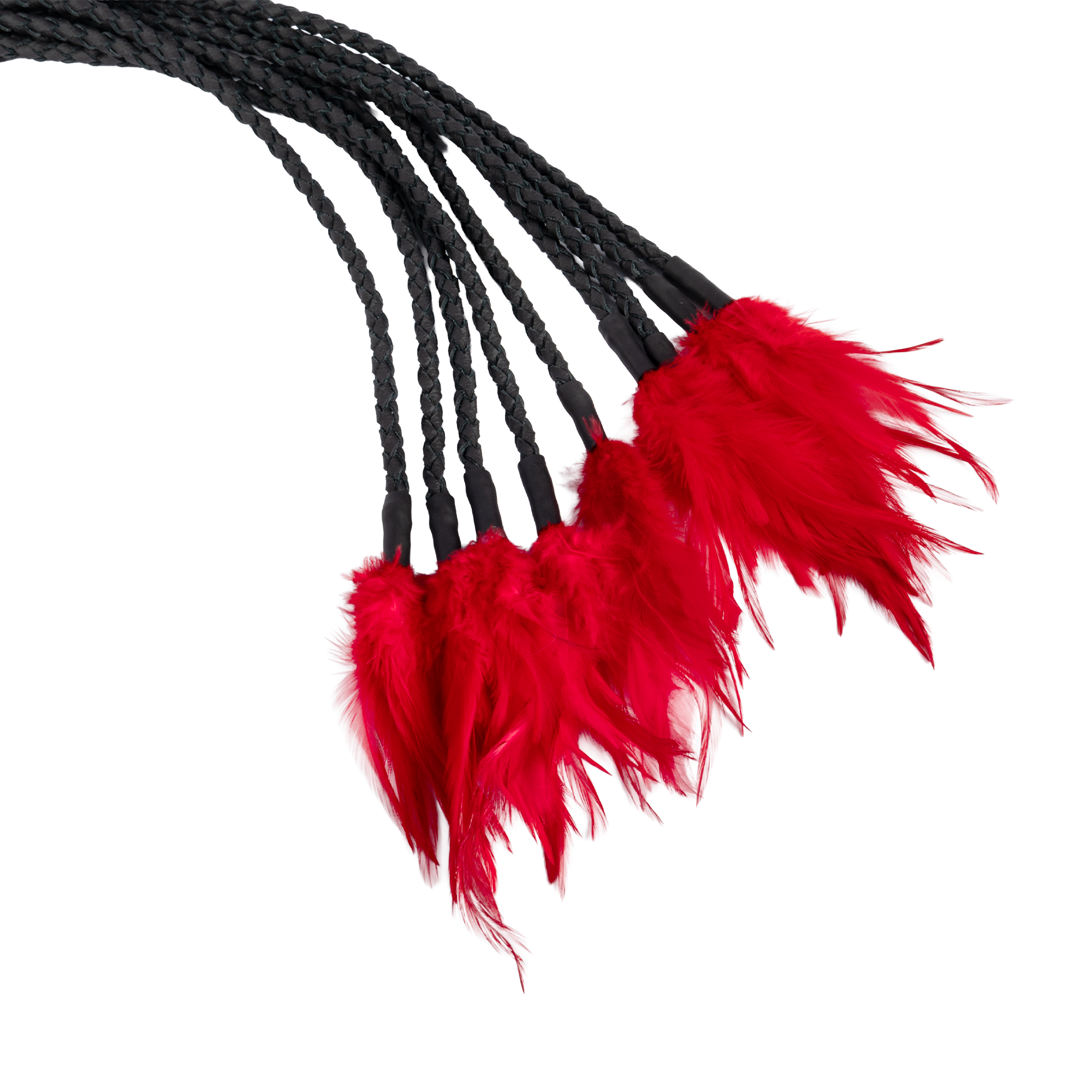 Rimba Bondage Play – Geflochtene Lederpeitsche mit Federn – Schwarz/Rot