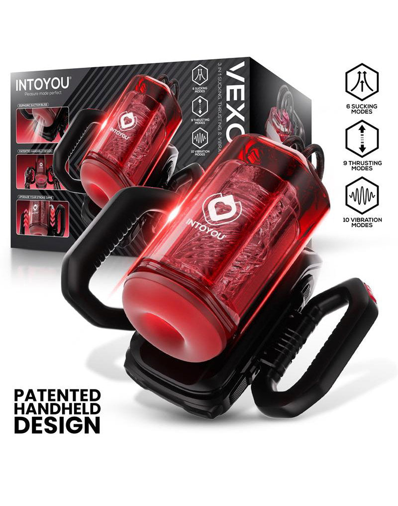 IY – Vexor – 3-in-1-Masturbator für Männer: Saugen, Stoßen & Vibration – Schwarz/Rot