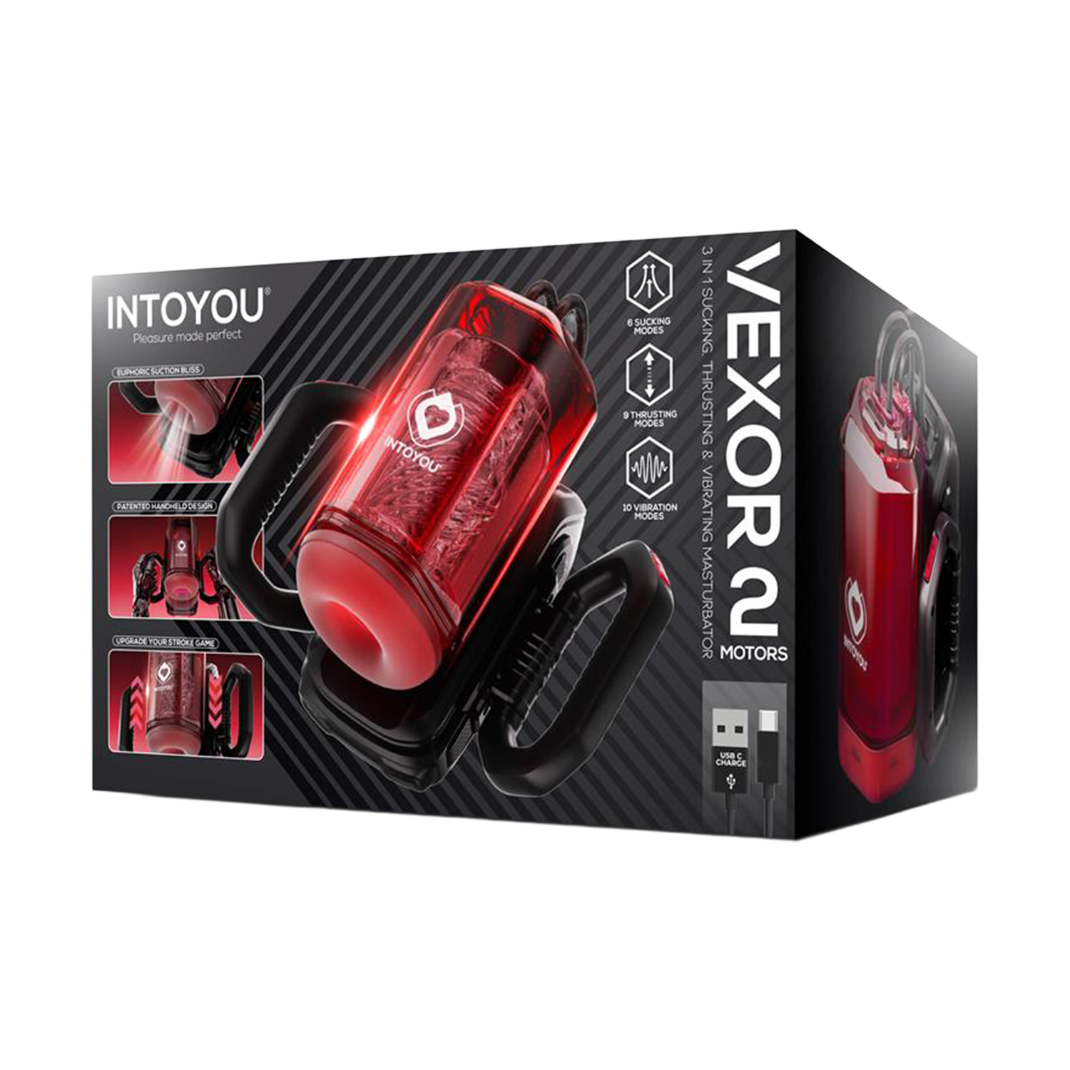 IY – Vexor – 3-in-1-Masturbator für Männer: Saugen, Stoßen & Vibration – Schwarz/Rot