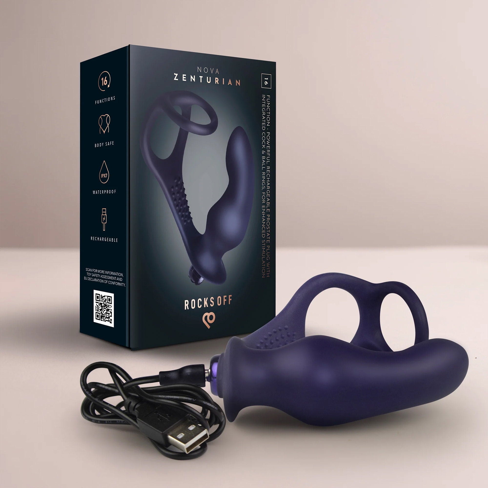 Rocks-Off Nova Zenturian – Prostata-Plug mit Penis- und Hodenringen – Blau