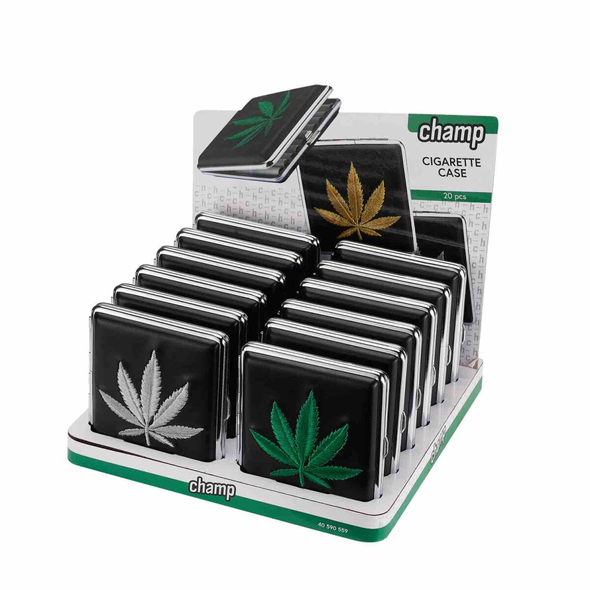 20er Zigarettenetui - Hemp Leaf gestickt - Display - 12 Stück