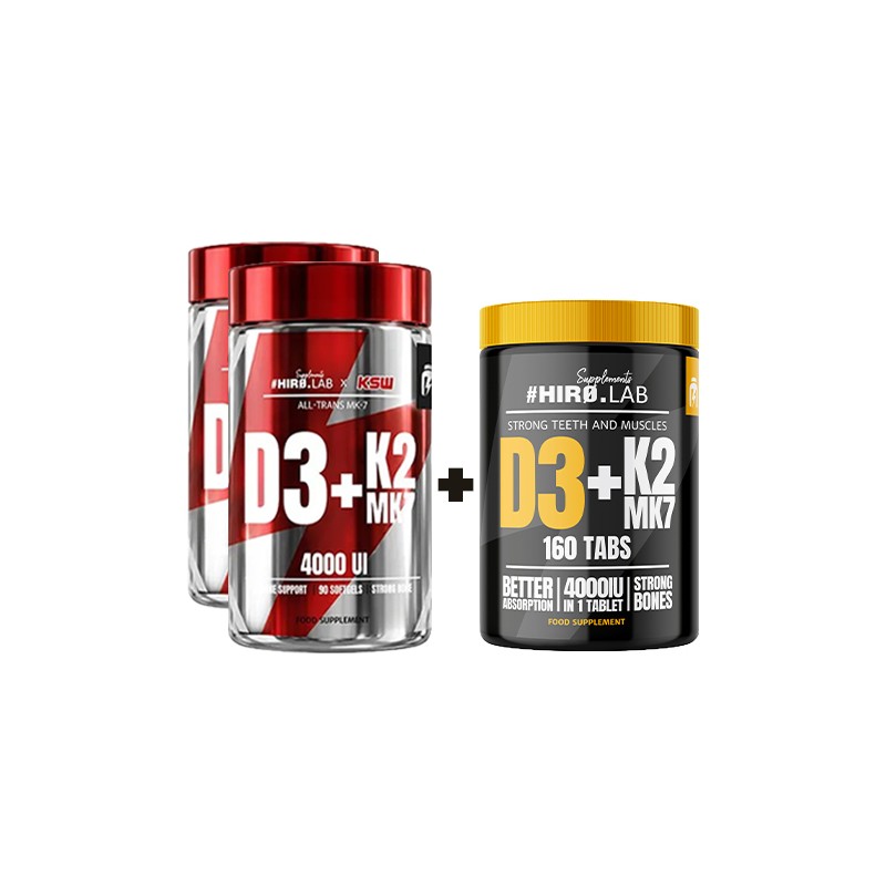 2x Vitamin D3 4000IU + K2 MK-7 KSW - 90softgel + Vitamin D3 4000IU + K2 MK7 - 160tabs. GRATIS