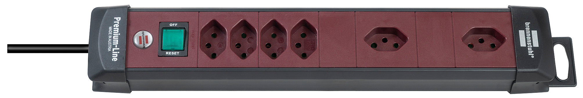 Premium-Line Technik Steckdosenleiste 4+2-fach schwarz/bordeaux 3m H05VV-F 3G1,5 2 Steckdosen mit spezieller 90°- Steckdosenanordnung *CH* - Produktbild