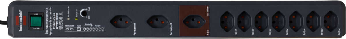 Secure-Tec 19.500A Überspannungsschutz-Automatiksteckdosenleiste 10-fach anthrazit 3m H05VV-F 3G1,5 1xMain 7xFollow 2xPermanent - Produktbild
