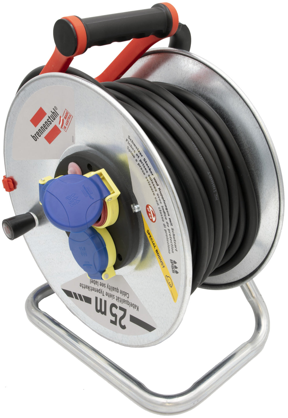 Kabeltrommel Garant SK für Ausseneinsatz, CH Stecksystem IP55, 3x T23 Steckdosen, T23 Stecker, Kabel 25m RN07-F 3G2,5, schwarz - Produktansicht