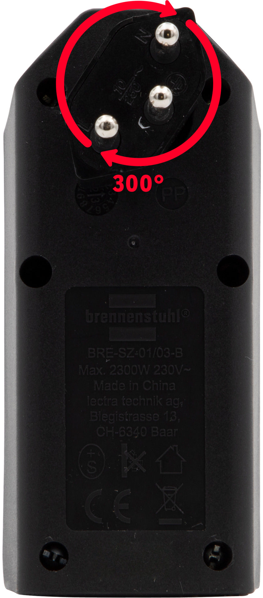 cleverLINE Abzweigstecker 3-fach schwarz, drehbar bis 300° mit Aufhänger *CH*  - Produktansicht