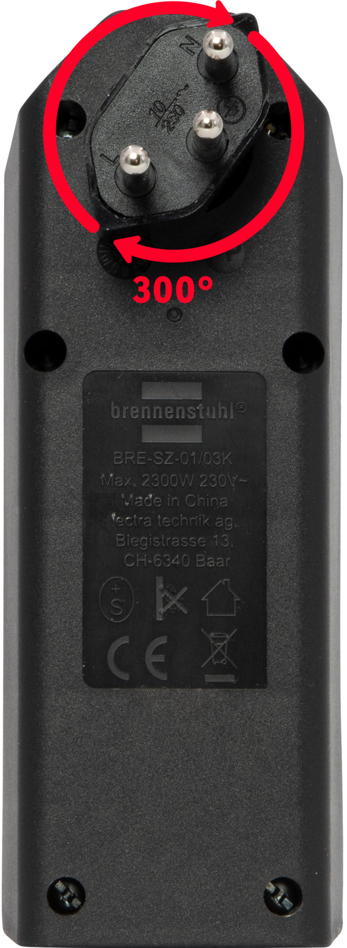 cleverLINE Abzweigstecker 3-fach schwarz mit Schalter, drehbar bis 300° mit Aufhänger *CH* - Produktansicht