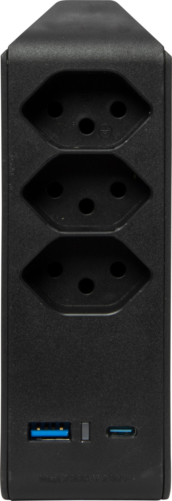 cleverLINE Abzweigstecker 3-fach schwarz mit USB Typ-A und USB Typ-C, drehbar bis 300° mit Aufhänger *CH* - Produktansicht