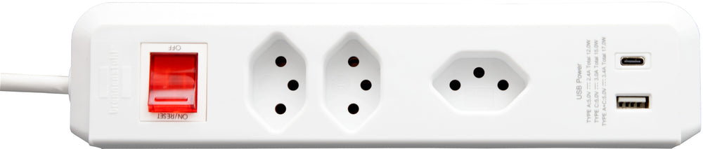 cleverLINE Steckdosenleiste mit Schalter 2+1-fach weiss, mit USB Typ-A und USB Typ-C, 2m H05VV-F 3G1.0 *CH* - Produktbild