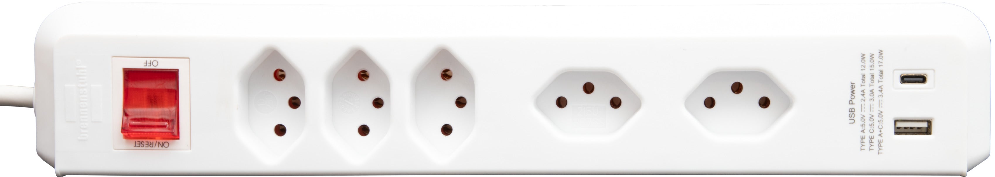 cleverLINE Steckdosenleiste mit Schalter, 3+2-fach weiss mit USB Typ-A und USB Typ-C, 3m H05VV-F 3G1.0 *CH* - Produktbild
