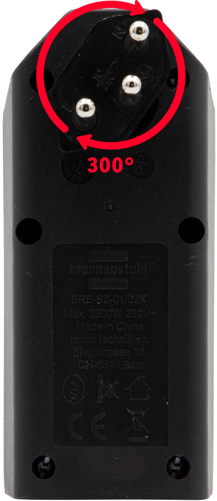 cleverLINE Abzweigstecker 2-fach schwarz mit Schalter, drehbar bis 300° ohne Aufhänger *CH* - Produktansicht