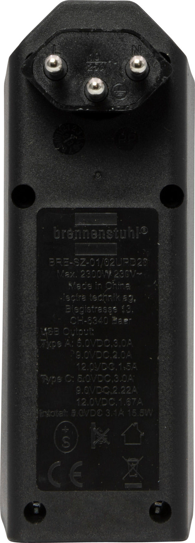 cleverLINE Abzweigstecker 2-fach schwarz mit USB Typ-A und Typ-C, drehbar bis 300° ohne Aufhänger *CH* - Produktansicht