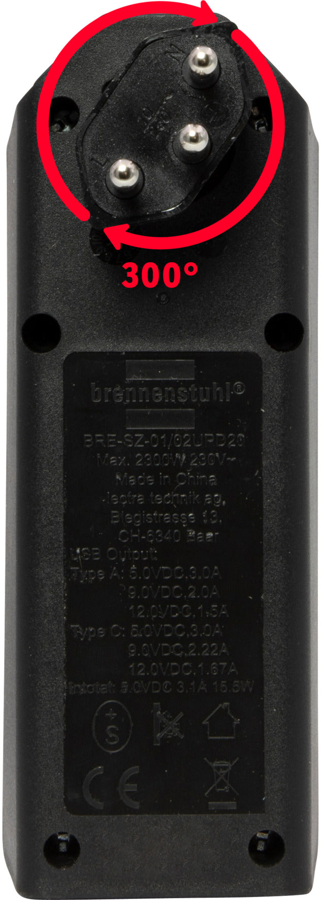 cleverLINE Abzweigstecker 2-fach schwarz mit USB Typ-A und Typ-C, drehbar bis 300° ohne Aufhänger *CH* - Produktansicht