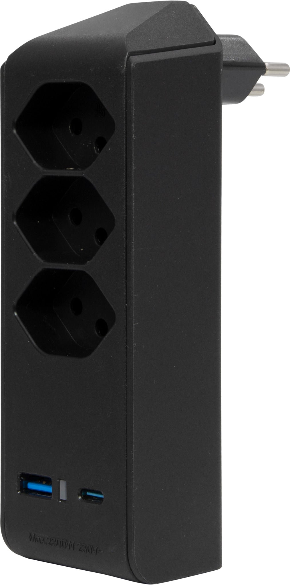 cleverLINE Abzweigstecker 3-fach schwarz mit USB Typ-A und USB Typ-C, drehbar bis 300° ohne Aufhänger *CH* - Produktbild