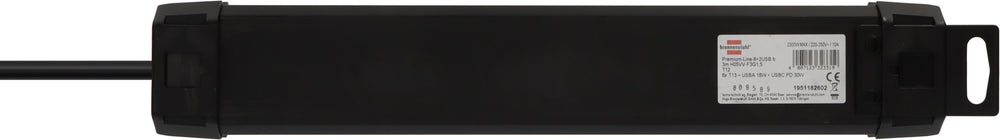 Premium-Line Steckdosenleiste 6-fach mit USB C PD 30W und USB A 18W schwarz 3m H05VV-F 3G1,5 - Produktansicht