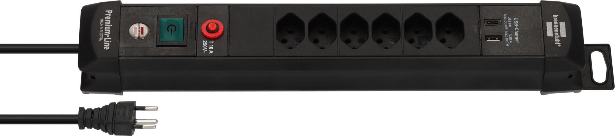 Premium-Line Steckdosenleiste 6-fach mit USB C PD 30W und USB A 18W schwarz 3m H05VV-F 3G1,5 - Produktansicht