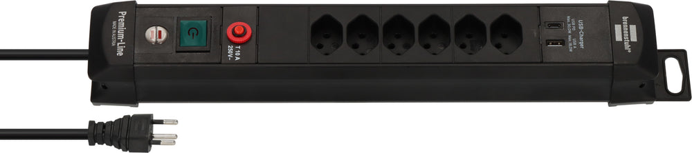 Premium-Line Steckdosenleiste 6-fach mit USB C PD 30W und USB A 18W schwarz 3m H05VV-F 3G1,5 - Produktansicht