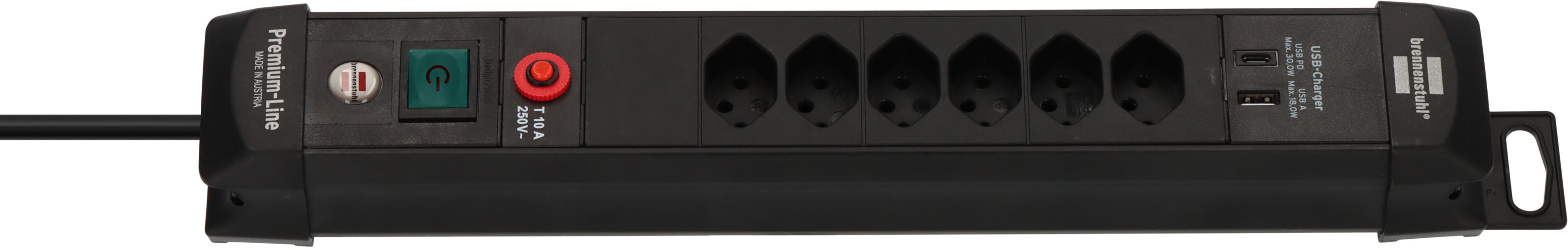 Premium-Line Steckdosenleiste 6-fach mit USB C PD 30W und USB A 18W schwarz 3m H05VV-F 3G1,5 - Produktbild