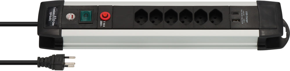 Premium-Alu-Line Steckdosenleiste 6-fach mit USB C PD 30W und USB A 18W 3m H05VV-F3G1,5 - Produktansicht