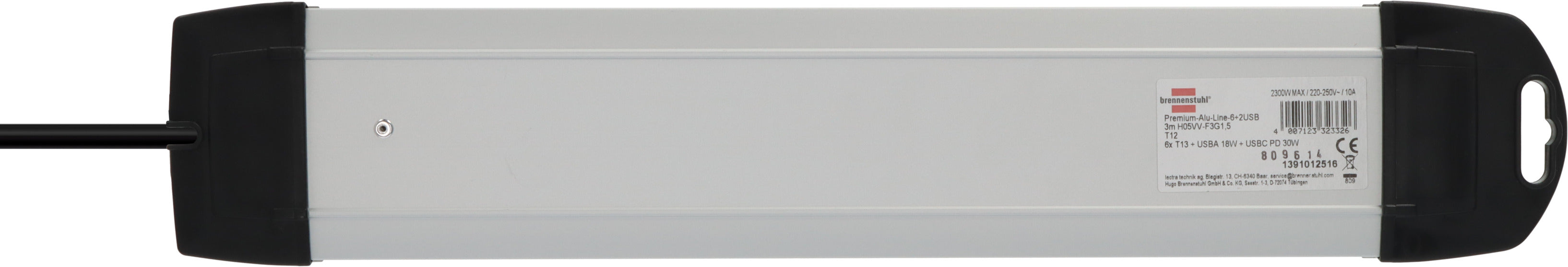 Premium-Alu-Line Steckdosenleiste 6-fach mit USB C PD 30W und USB A 18W 3m H05VV-F3G1,5 - Produktansicht