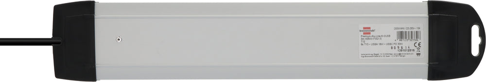 Premium-Alu-Line Steckdosenleiste 6-fach mit USB C PD 30W und USB A 18W 3m H05VV-F3G1,5 - Produktansicht