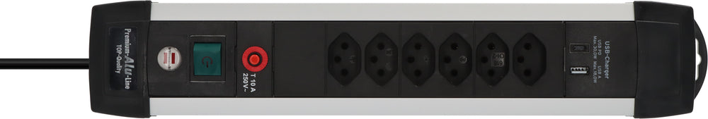 Premium-Alu-Line Steckdosenleiste 6-fach mit USB C PD 30W und USB A 18W 3m H05VV-F3G1,5 - Produktansicht