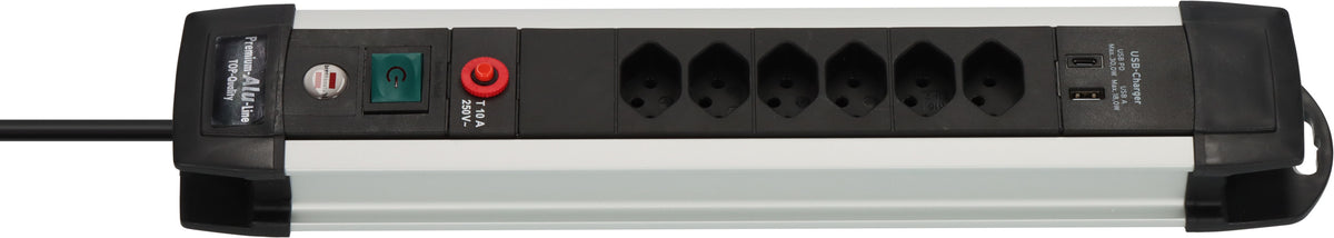 Premium-Alu-Line Steckdosenleiste 6-fach mit USB C PD 30W und USB A 18W 3m H05VV-F3G1,5 - Produktbild