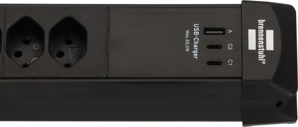 Premium-Line Steckdosenleiste 4-fach (Typ T13) mit 2x USB C PD 65W und USB A 18W schwarz, 3m H05VV-F 3G1,5 - Produktansicht