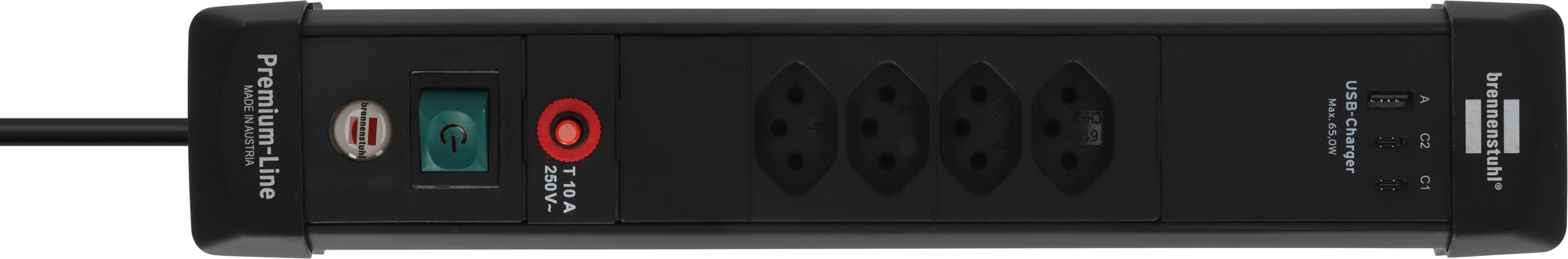 Premium-Line Steckdosenleiste 4-fach (Typ T13) mit 2x USB C PD 65W und USB A 18W schwarz, 3m H05VV-F 3G1,5 - Produktansicht