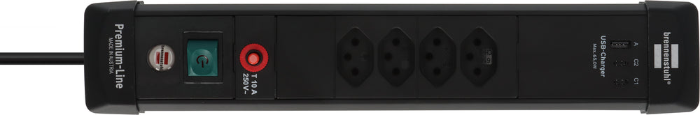Premium-Line Steckdosenleiste 4-fach (Typ T13) mit 2x USB C PD 65W und USB A 18W schwarz, 3m H05VV-F 3G1,5 - Produktansicht