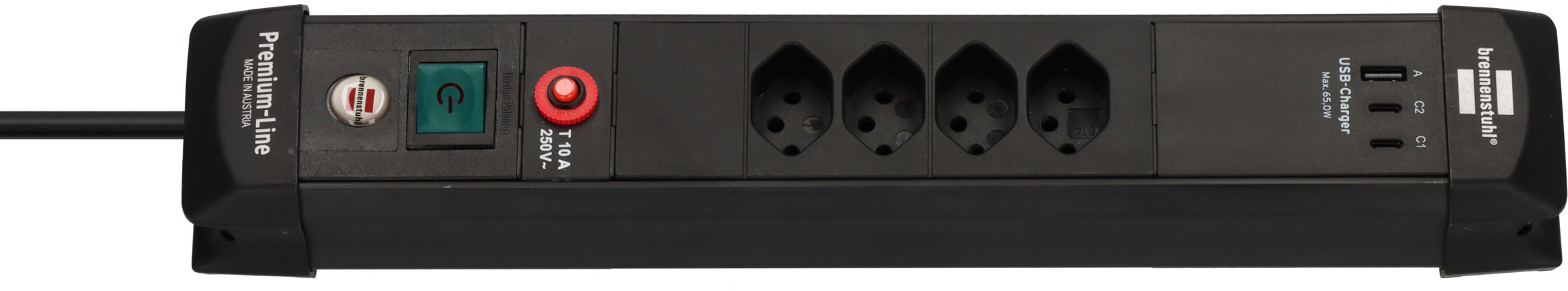 Premium-Line Steckdosenleiste 4-fach (Typ T13) mit 2x USB C PD 65W und USB A 18W schwarz, 3m H05VV-F 3G1,5 - Produktbild