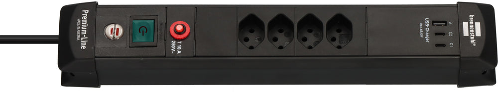 Premium-Line Steckdosenleiste 4-fach (Typ T13) mit 2x USB C PD 65W und USB A 18W schwarz, 3m H05VV-F 3G1,5 - Produktbild