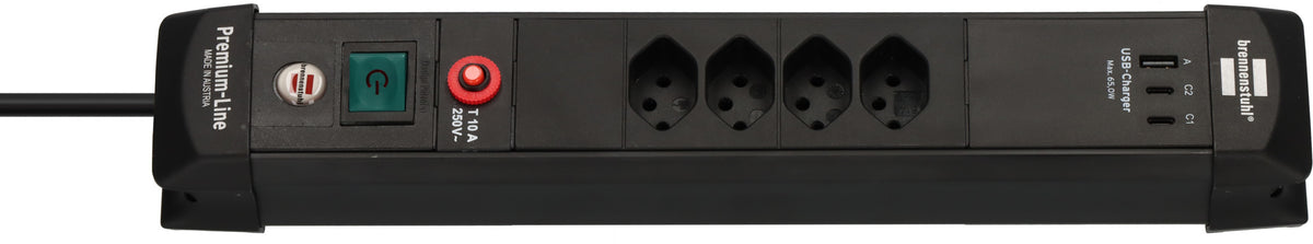 Premium-Line Steckdosenleiste 4-fach (Typ T13) mit 2x USB C PD 65W und USB A 18W schwarz, 3m H05VV-F 3G1,5 - Produktbild