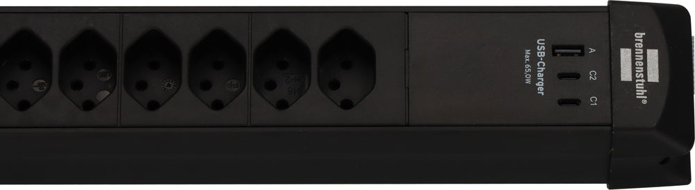 Premium-Line Steckdosenleiste 6-fach (Typ T13) mit 2x USB C PD 65W und USB A 18W schwarz, 3m H05VV-F3G1,5 - Produktansicht