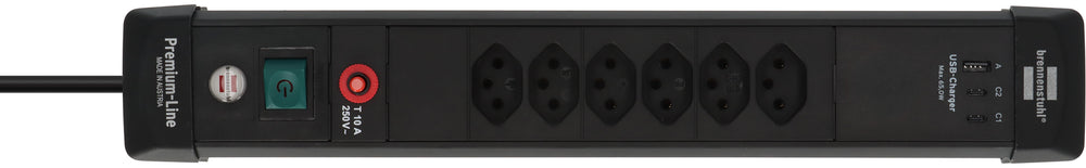 Premium-Line Steckdosenleiste 6-fach (Typ T13) mit 2x USB C PD 65W und USB A 18W schwarz, 3m H05VV-F3G1,5 - Produktansicht