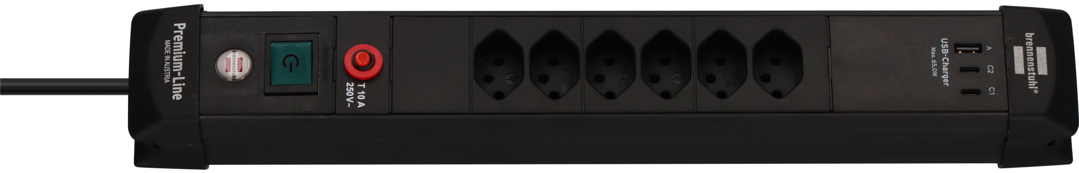 Premium-Line Steckdosenleiste 6-fach (Typ T13) mit 2x USB C PD 65W und USB A 18W schwarz, 3m H05VV-F3G1,5 - Produktbild