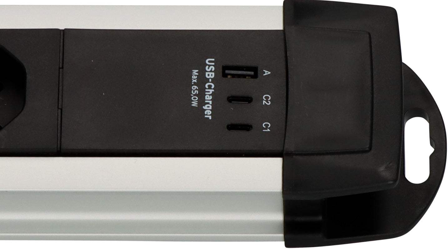 Premium-Alu-Line Steckdosenleiste 6-fach (Typ T13) mit 2x USB C PD 65W und USB A 18W, 3m H05VV-F3G1,5 - Produktansicht