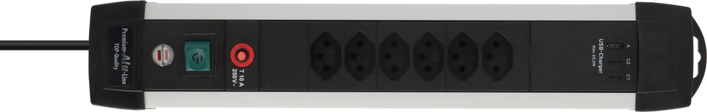 Premium-Alu-Line Steckdosenleiste 6-fach (Typ T13) mit 2x USB C PD 65W und USB A 18W, 3m H05VV-F3G1,5 - Produktansicht