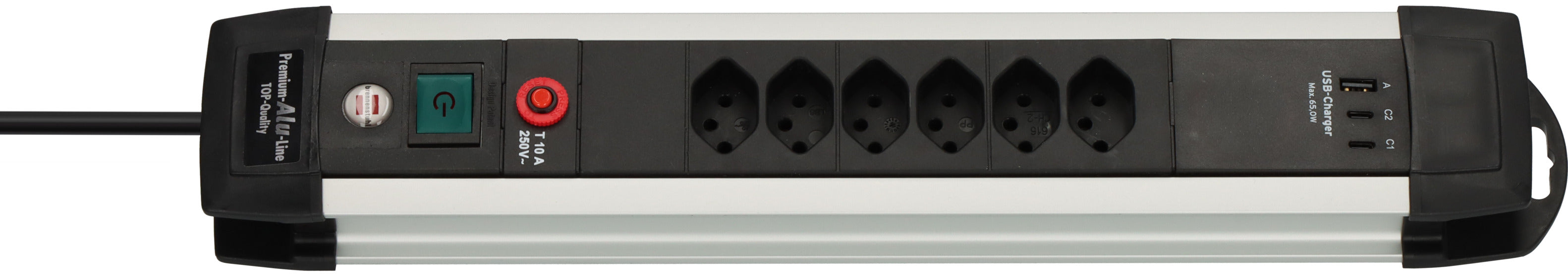 Premium-Alu-Line Steckdosenleiste 6-fach (Typ T13) mit 2x USB C PD 65W und USB A 18W, 3m H05VV-F3G1,5 - Produktbild