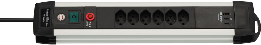 Premium-Alu-Line Steckdosenleiste 6-fach (Typ T13) mit 2x USB C PD 65W und USB A 18W, 3m H05VV-F3G1,5 - Produktbild