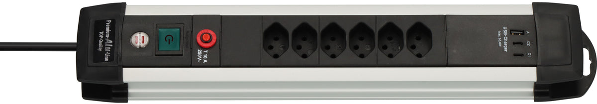 Premium-Alu-Line Steckdosenleiste 6-fach (Typ T13) mit 2x USB C PD 65W und USB A 18W, 3m H05VV-F3G1,5 - Produktbild