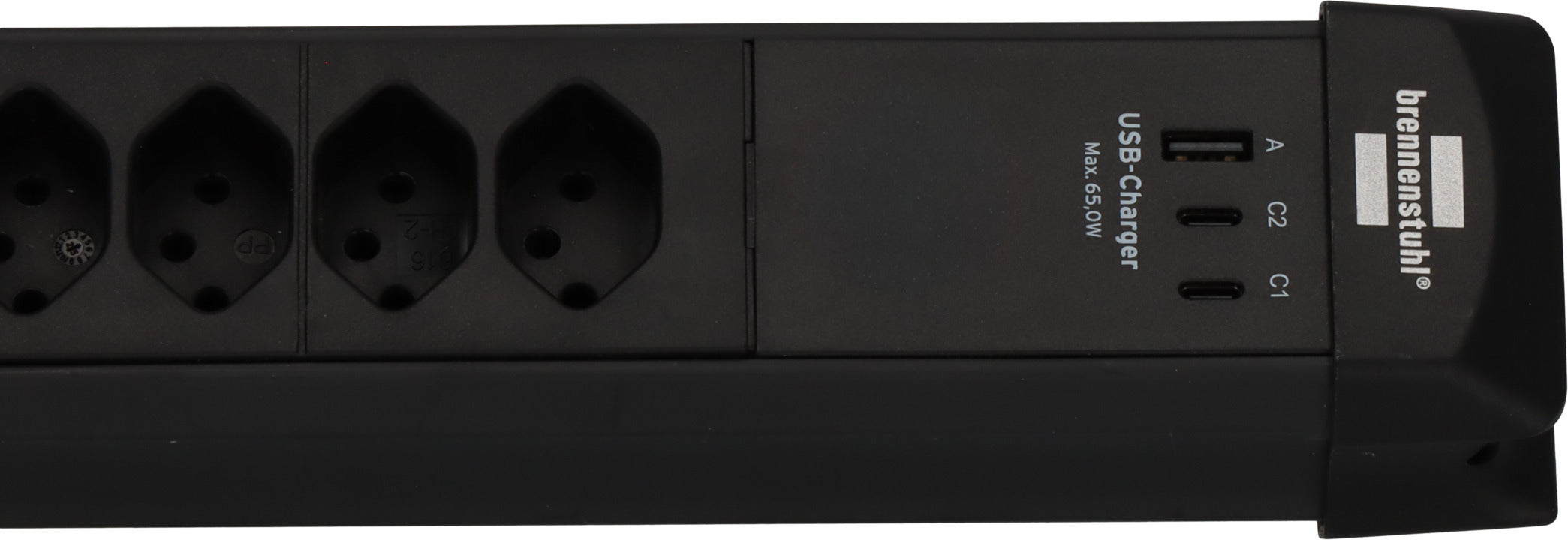 Premium-Line 60.000A Überspannungsschutz-Steckdosenleiste 6-fach (Typ T13) mit 2x USB C PD 65W und 1x USB A 18W schwarz, 3m H05VV-F 3G1,5 - Produktansicht