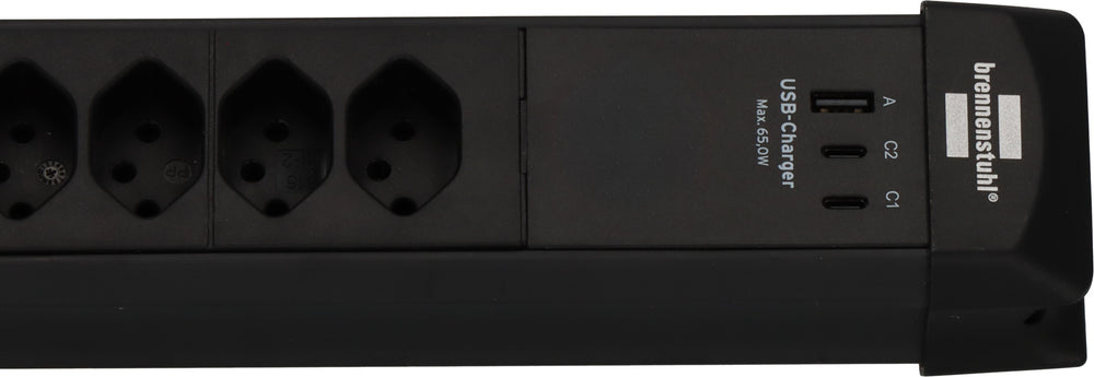 Premium-Line 60.000A Überspannungsschutz-Steckdosenleiste 6-fach (Typ T13) mit 2x USB C PD 65W und 1x USB A 18W schwarz, 3m H05VV-F 3G1,5 - Produktansicht